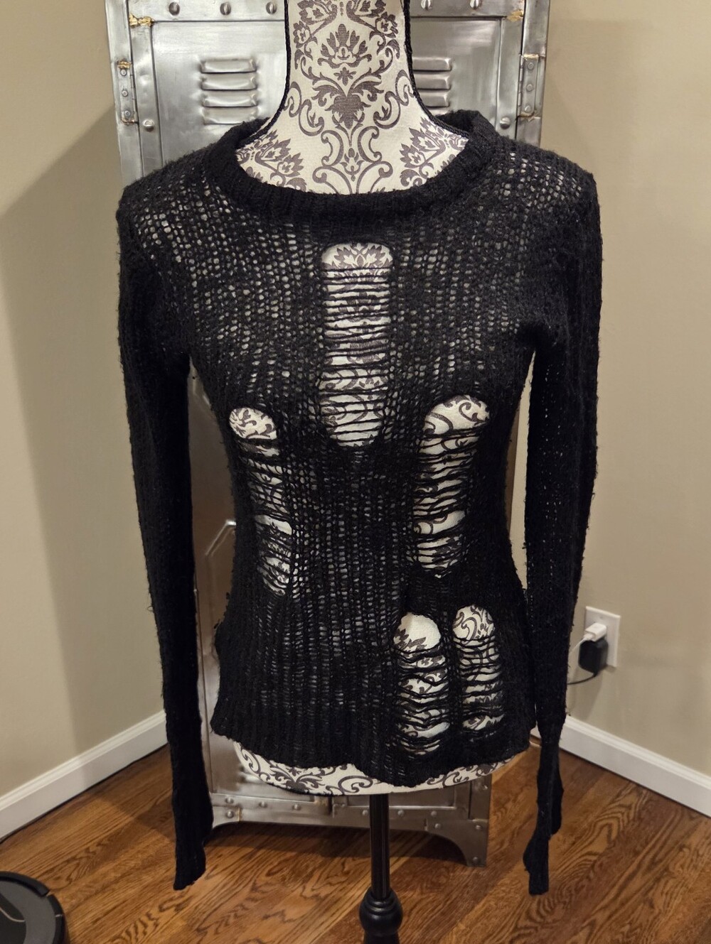 Tripp NYC Distressed Black Rag Stripe Acrylic Sweater